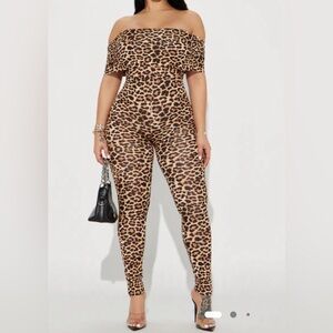 Fashion Nova Leopard Print Off-Shoulder Jumpsuit